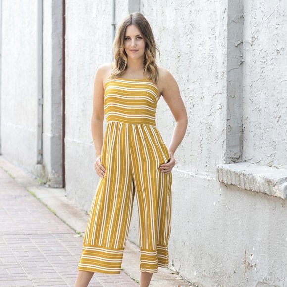 Everly Pants - Mustard Yellow Striped Sleeveless Jumpsuit